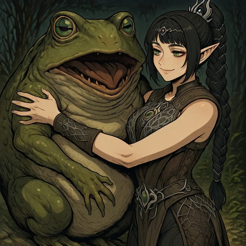 masterpiece, best quality, newest, absurdres, highres, anime, anime style, 1girl, shadowheart \(baldur's gate\), long braid, elf, pointy ears, black hair, braid, happy, smile, looking at pet, side bangs, green eyes, CWKIV1.0, monster, hug, oversized animal, frog, oversized frog,