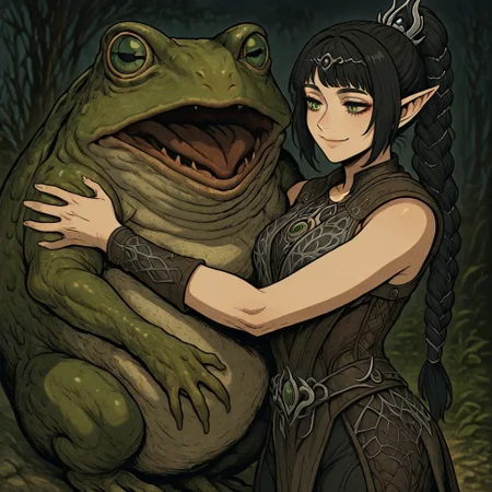 masterpiece, best quality, newest, absurdres, highres, anime, anime style, 1girl, shadowheart \(baldur's gate\), long braid, elf, pointy ears, black hair, braid, happy, smile, looking at pet, side bangs, green eyes, CWKIV1.0, monster, hug, oversized animal, frog, oversized frog,