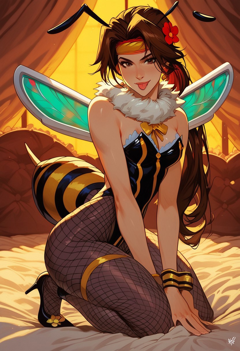 score_9, score_8_up, score_7_up, masterpiece, high quality, ultra detailed, absurdres, Expressiveh,  negative_hand, g0thicPXL, neon BREAK 1girl, slim figure, small teardrop breasts, round butt, jessie rasberry, gold headband, makeup, brown hair, light brown eyes, (highleg leotard, fishnet pantyhose, antennae, insect wings, leg ribbons, high heels, fur collar, hair flower, gold leg ribbons, black leg ribbons) BREAK all fours, cute, looking at viewer, seductive smile, sitting, knees bent, squatting, seductive BREAK stripclub, private room, private booth, red heart bed, heart bed, heart-shaped bed, heart shaped bed, late night, closeup, tongue