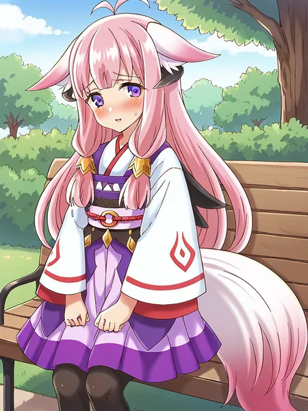 score_9, score_8_up, score_7_up,
1girl, hina rf, long hair, pink hair, purple eyes, low-tied sidelocks, horns, fox ears, fox tail,
japanese clothes, white shirt, long sleeves, purple skirt, pantyhose,
sitting, parted lips, shy, blush, looking at viewer, park bench, outdoors, park,