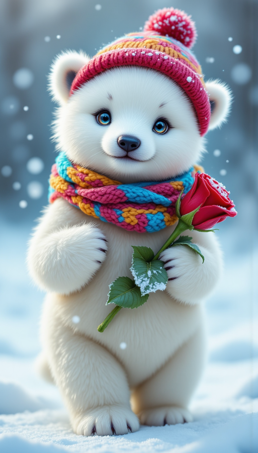 pinkfluxproultrafantasia,
A playful and endearing polar bear cub, its fluffy white fur standing out against a snowy backdrop. It wears a cozy knit colorful cap and scarf, handcrafted with bright, cheerful colors to brave the winter chill. It's holding a red rose with snow on the petals. The bear's innocent eyes exude warmth and curiosity.