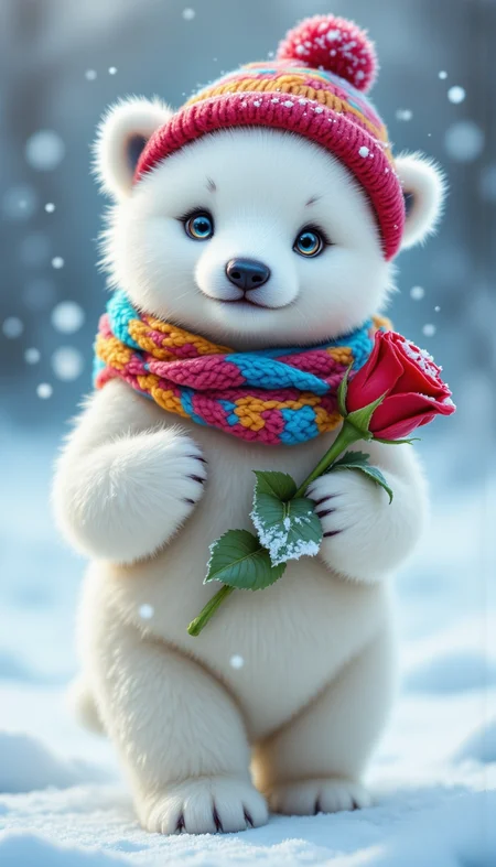 pinkfluxproultrafantasia,
A playful and endearing polar bear cub, its fluffy white fur standing out against a snowy backdrop. It wears a cozy knit colorful cap and scarf, handcrafted with bright, cheerful colors to brave the winter chill. It's holding a red rose with snow on the petals. The bear's innocent eyes exude warmth and curiosity.