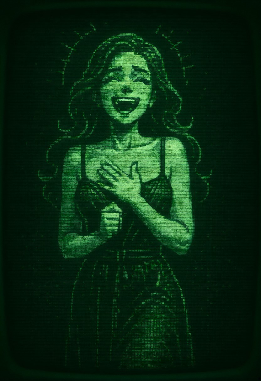 masterpiece, high quality,R3troCRTGr33n,monochrome,green theme,woman in dress, laughing,hand to chest