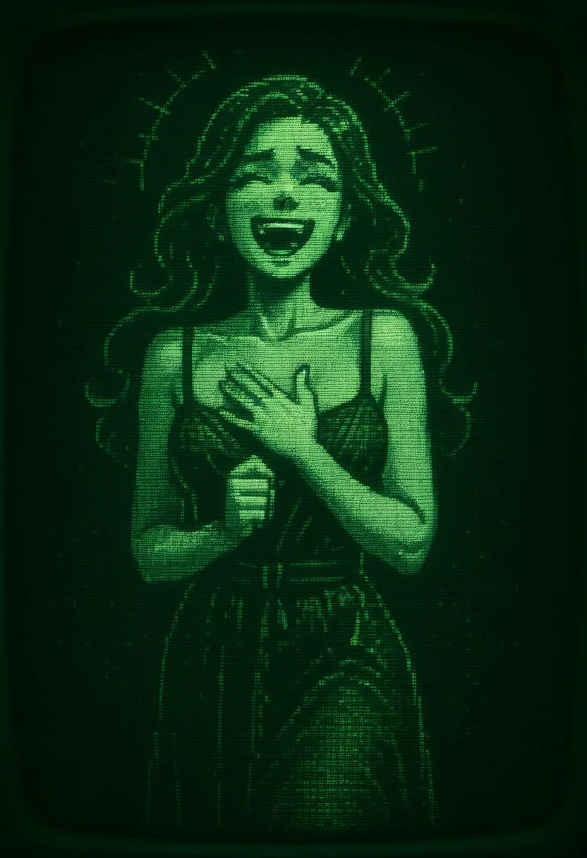 masterpiece, high quality,R3troCRTGr33n,monochrome,green theme,woman in dress, laughing,hand to chest