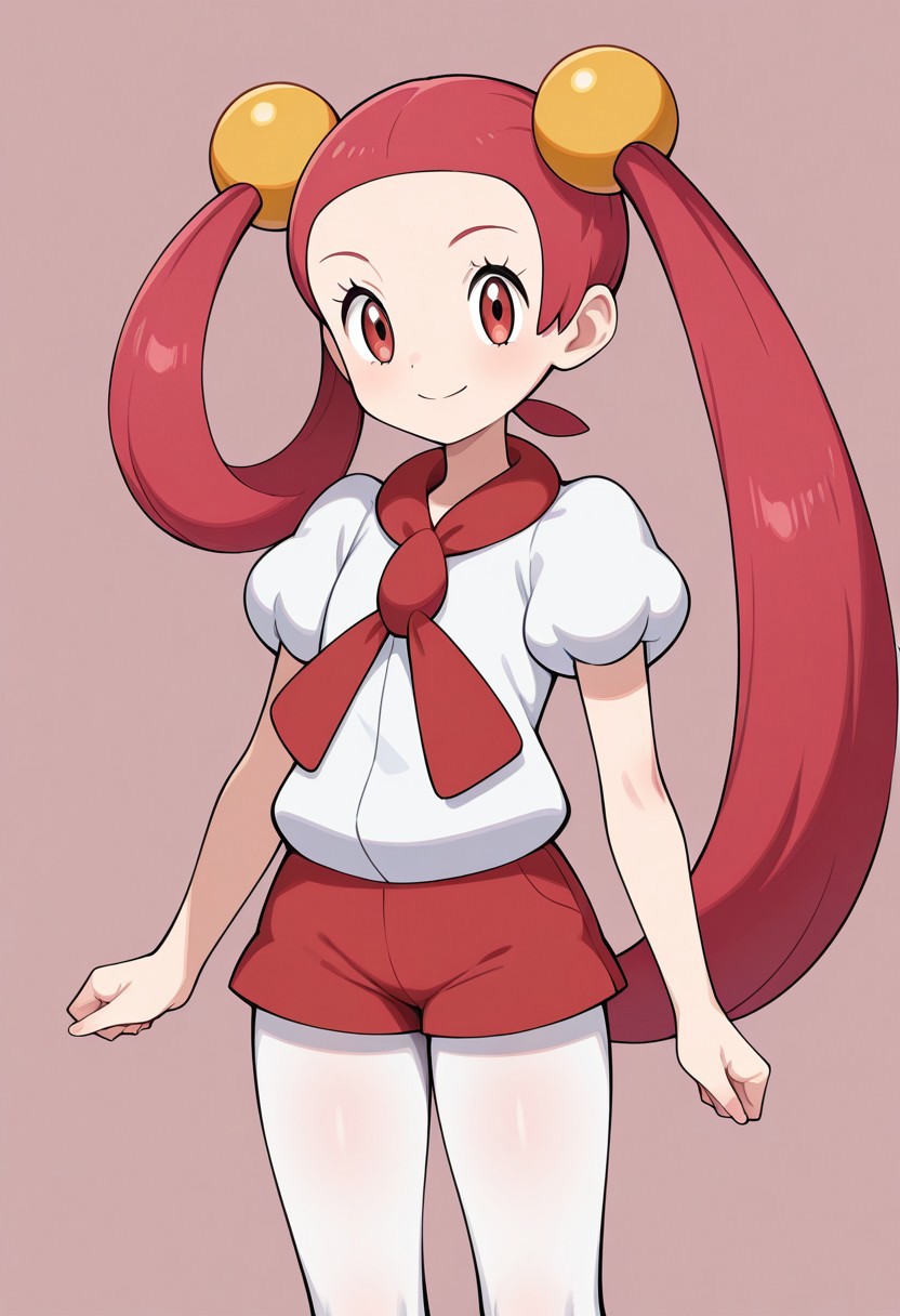 1girl, solo, mira (pokemon), smile, very long hair, pink hair, red hair, hair rings, twintails, hair beads, asymmetrical hair, tied hair, red eyes, red scarf, white shirt, puffy short sleeves, red shorts, short shorts, white pantyhose, legwear under shorts, thighs, standing