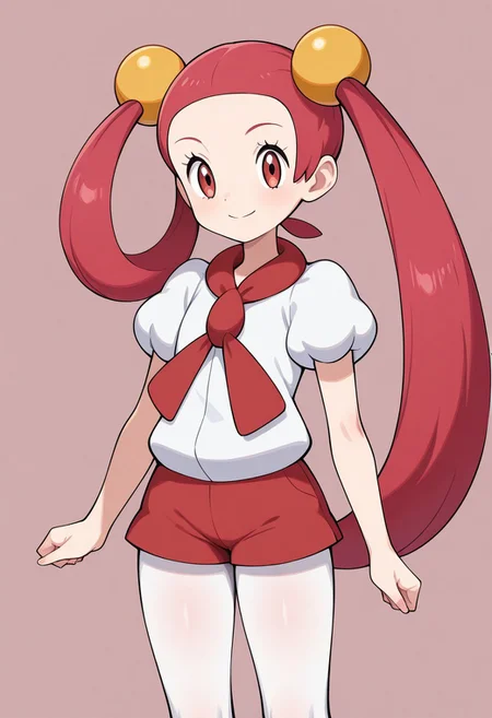 1girl, solo, mira (pokemon), smile, very long hair, pink hair, red hair, hair rings, twintails, hair beads, asymmetrical hair, tied hair, red eyes, red scarf, white shirt, puffy short sleeves, red shorts, short shorts, white pantyhose, legwear under shorts, thighs, standing