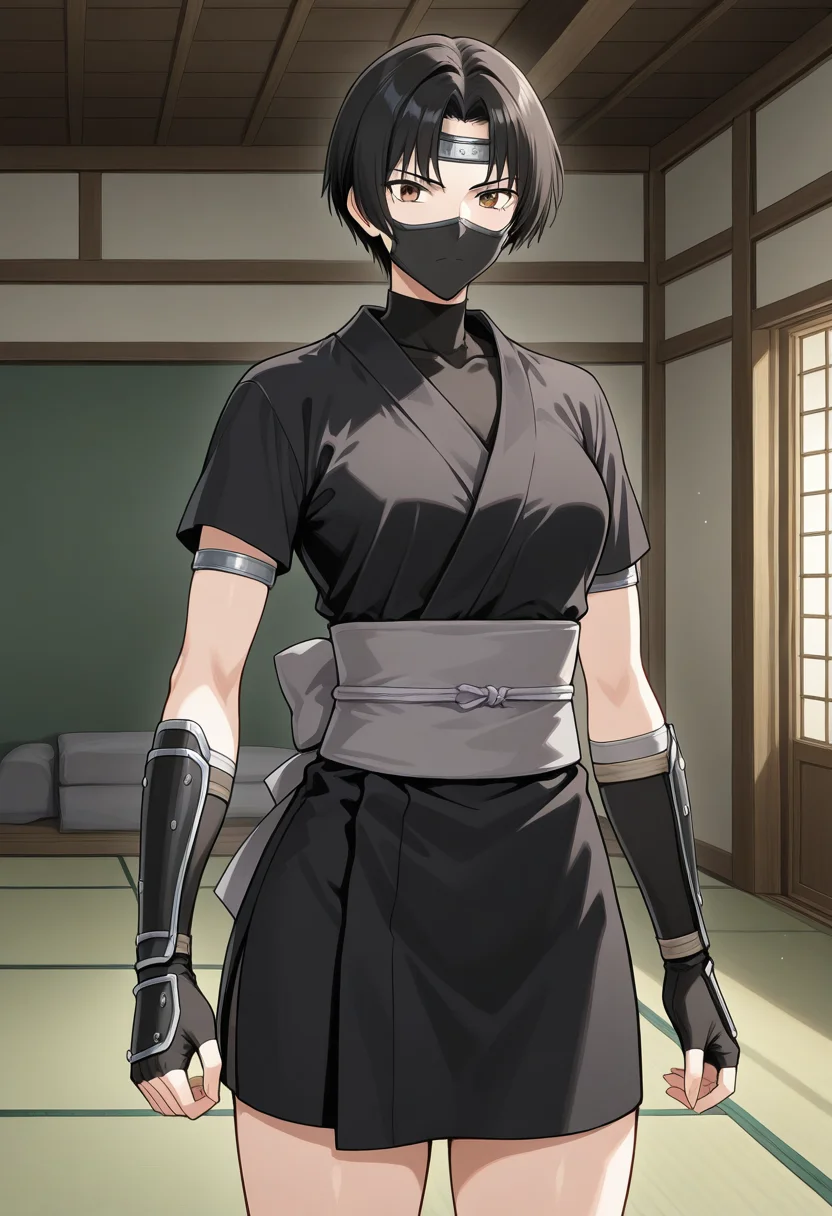 1girl, solo, linroninsoul, black hair, short hair, parted bangs, brown eyes, short kimono, black kimono, short sleeves, shirt, turtleneck, ninja mask, grey obi, grey sash, arm guards, silver armlets, japanese clothes, indoors, tatami room, serious, standing, cowboy shot