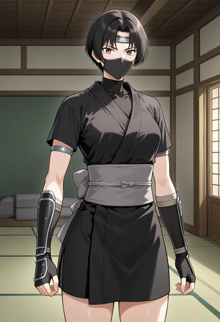 1girl, solo, linroninsoul, black hair, short hair, parted bangs, brown eyes, short kimono, black kimono, short sleeves, shirt, turtleneck, ninja mask, grey obi, grey sash, arm guards, silver armlets, japanese clothes, indoors, tatami room, serious, standing, cowboy shot