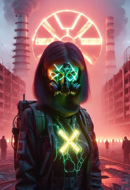 4D render, Chernobyl disaster, nuclear , Apocalypse,girl, detailed face, portrait, glowing x, minimalist outfit, anti social , ,cyberpunkartstyle,ruined ancient city,Professional styling, intricate details,8k post production, faithful, Religious denomination,