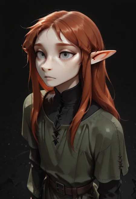 1person, (Lapanya), Malgha, freckles, pointy ears, Long-sleeve black shirt, green tunic,
Close up, high angle, looking ahead,
Black background, void background, empty space background,
Source: semi-realistic