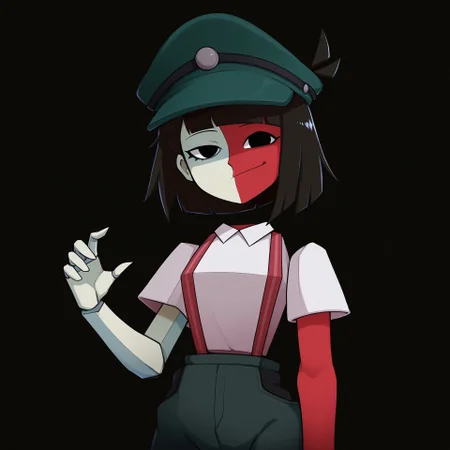 best quality, absurdres, (poronegi:0.55), [(fluffydango:0.2)], (zun (style)), (hagure kedama:0.75), BREAK, (solo), ena, ena2, rightface, geometric body, detached limbs, multicolored skin, white and red skin, black eyes, dbbqoutfit, dreambbq, green headwear, peaked cap, white shirt, collared shirt, short sleeves, suspenders