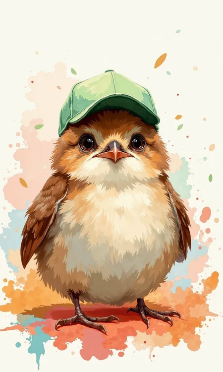 Close-up of a watercolor painting.
A small bird, likely a sparrow, is the central subject. It's depicted in a style that suggests cuteness and warmth. Its plumage is a mix of browns, tans, and muted, light beige colors. The bird has large, expressive eyes and a rounded, fluffy body. It wears a light, lime green baseball cap. The cap sits atop the bird's head, emphasizing its small size and adding a playful or cheerful element.
The background features an abstract pattern of watercolor splatters and splashes of color, predominantly in shades of orange, pink, and light blue. These splashes are loosely arranged and create a soft, ethereal feel. The colors intermix subtly.
The overall impression is one of artistry and vibrancy, with a focus on creating a whimsical and appealing portrayal of a small bird. The watercolor technique's use of soft edges and color blending contribute to the artistic quality of the piece. The bird is centered and the splatters surrounding it are not overly dominant, leaving focus on the bird's expression. The light source and background colors contribute to the overall aesthetic, making the colorful splatters less distracting.
<lora:FLUX-daubrez-DB4RZ-v2:1> DB4RZ, DB4RZ style painting