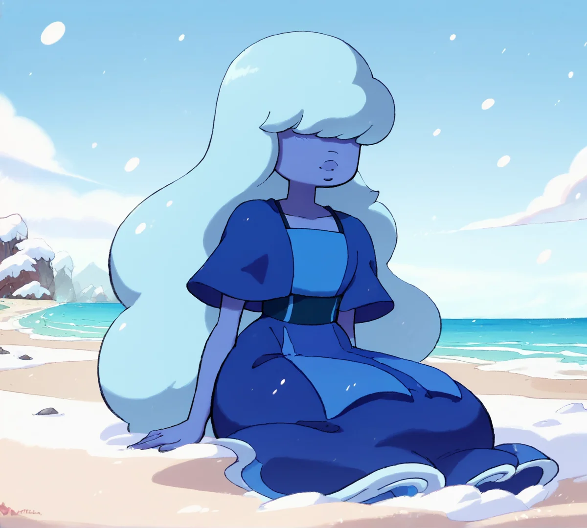 Sapphire, zPDXL, best quality, amazing quality, score 9, 1girl, hair over eyes, blue hair, blue skin, long hair, snow, beach, snowing, blue dress, <lora:Sapphire:1>