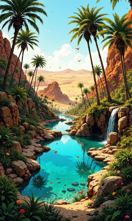 Pristine oasis, hidden in a vast desert expanse. Crystal-clear turquoise waters surrounded by lush palm trees and vibrant vegetation. Golden sand dunes in the background, contrasting with the verdant greenery. Exotic birds perched on swaying fronds. Tranquil pools reflecting the azure sky. Natural rock formations creating secluded grottos. Gentle waterfalls cascading over smooth stones. Blooming desert flowers in vivid hues. Soft sunlight filtering through palm leaves. Untouched paradise, teeming with life. Masterpiece, 8k resolution, hyper-realistic details. Serene atmosphere, perfect harmony of elements. Natural lighting, warm golden hour glow. <lora:Ethereal Brush Anime v2.0:0.5> <lora:FluxMythP0rtr4itStyle:0.8> <lora:flux_dev:1>