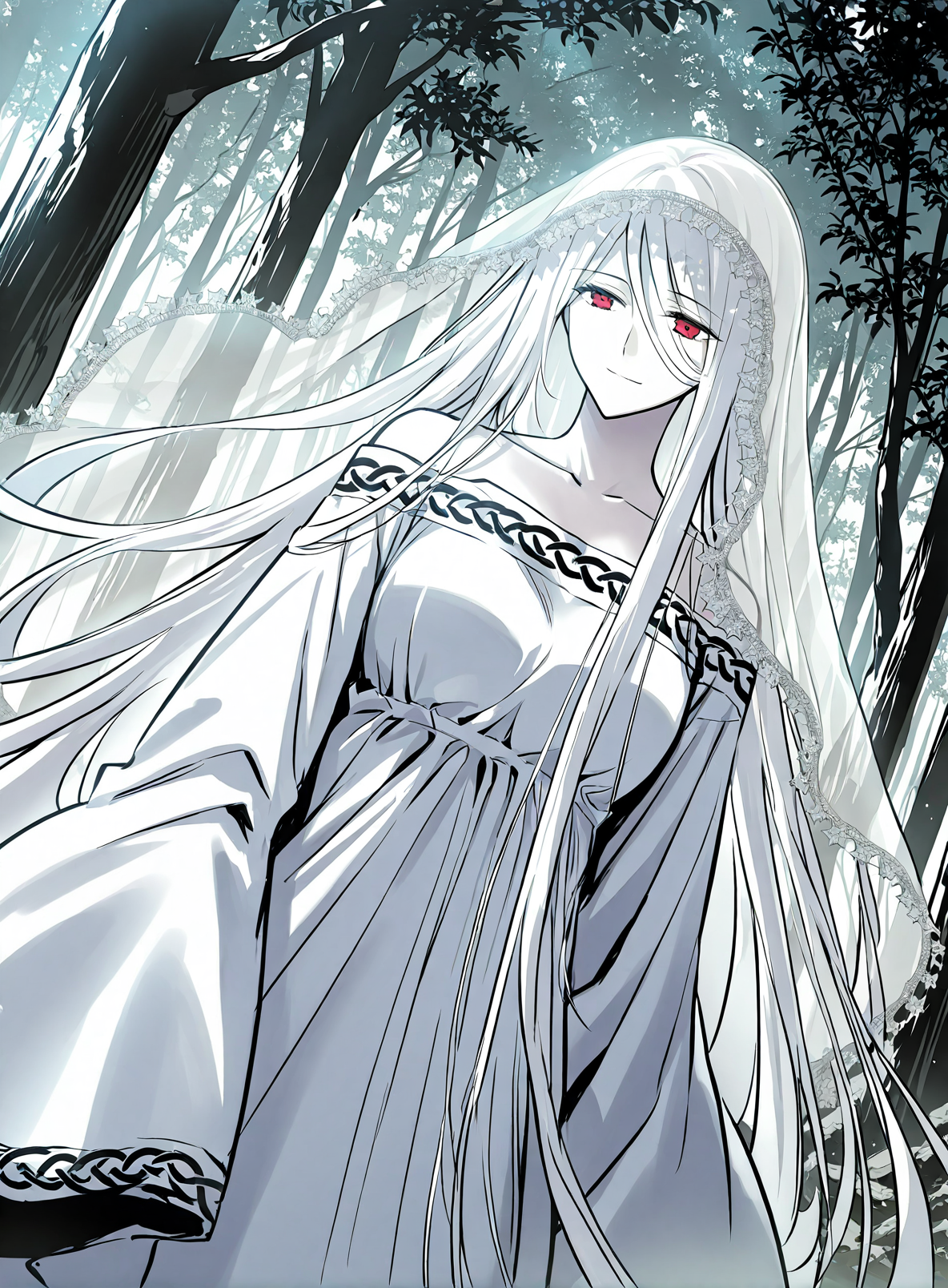 <lora:Yuridika__Doom_Breaker__Illustrious:1>
1 girl, red eyes, pale skin, hair between eyes, white hair, very long hair, bangs
white dress, veil, collarbone, wide sleeves, long sleeves, bare shoulders,
score_9, score_8_up, score_7_up, very aesthetic, source_anime, detailed, high quality, beautiful, masterpiece, detailed eyes, forest, tree, ruins, cowboy shot, dynamic angle, upper body, light smile, dynamic pose