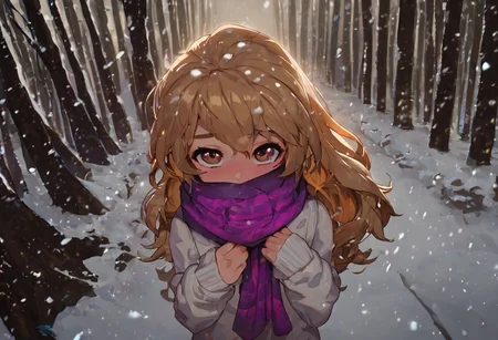 score_9, score_8_up, score_7_up, score_6_up, Aisaka_Taiga, 1girl, perfect face, cute, petite, brown eyes, colored inner hair, glowing hair, long hair, purple glowing scarf, white sweater, winter, snowing, glowing snowflakes, blush, shy smile, shy look, night, dimmed light, snow, from above, fisheye, blizzard, wind, love eyes, forest, trees, path, moonlight, snowdrift