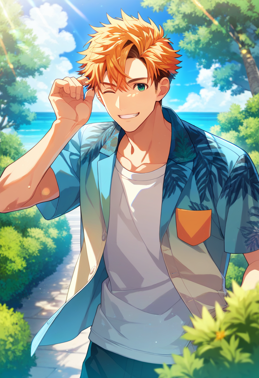 1boy, male focus, 
,((zPDXL)), score_9_up, score_8_up, score_7_up, score_6_up, score_5_up, score_4_up, best quality, amazing quality, best aesthetic, absurdres, year2023, uncensored, nsfw, official art, official style, depth of field, detailed eye,
<lora:Character - StaOke - Takuto Akabane:0.8> green eyes, orange hair, takuto
outdoor, smile, looking at viewer,
takutosummer, blue hawaiian shirt, open shirt, white t-shirt, 
summer, bush, shushing, one eye closed,