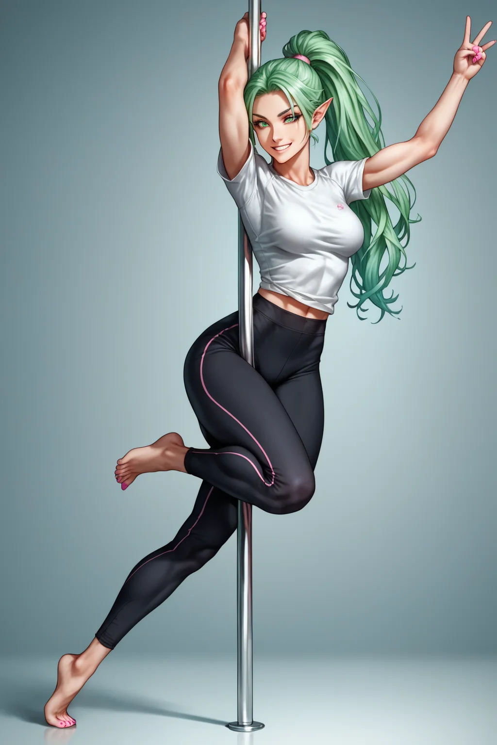 score_9, score_8_up, score_7_up, source_anime, detailed, very aesthetic, high resolution, high quality, source_anime, anime, anime style, anime coloring, (1girl, solo), young woman, green hair, hair in ponytail, eye shadow, pink nails, sexy elf woman, shoulder long hair,
lean body, (perky_breasts:1.2), medium breasts, fit body proportion, Yoga Pants, T-Shirt, barefoot,
(exotic pole dancing:1.3), (airborne:1.6), Flexible, grabbing pole, Thigh Grip, Plantar Flexion, alluring look, smirk, dynamic pose, elegant, graceful, Balancing