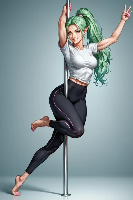 score_9, score_8_up, score_7_up, source_anime, detailed, very aesthetic, high resolution, high quality, source_anime, anime, anime style, anime coloring, (1girl, solo), young woman, green hair, hair in ponytail, eye shadow, pink nails, sexy elf woman, shoulder long hair,
lean body, (perky_breasts:1.2), medium breasts, fit body proportion, Yoga Pants, T-Shirt, barefoot,
(exotic pole dancing:1.3), (airborne:1.6), Flexible, grabbing pole, Thigh Grip, Plantar Flexion, alluring look, smirk, dynamic pose, elegant, graceful, Balancing
