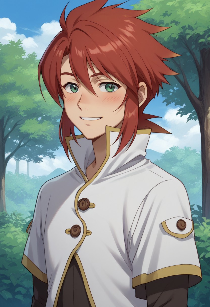 score_9, score_8_up, score_7_up, source_anime, highly detailed, 
lukefon, male focus, 1boy, red hair, solo, smile, green eyes, shirt, black shirt, coat, high collar, white coat, upper body, short hair, blush,
outdoor, sky, tree,