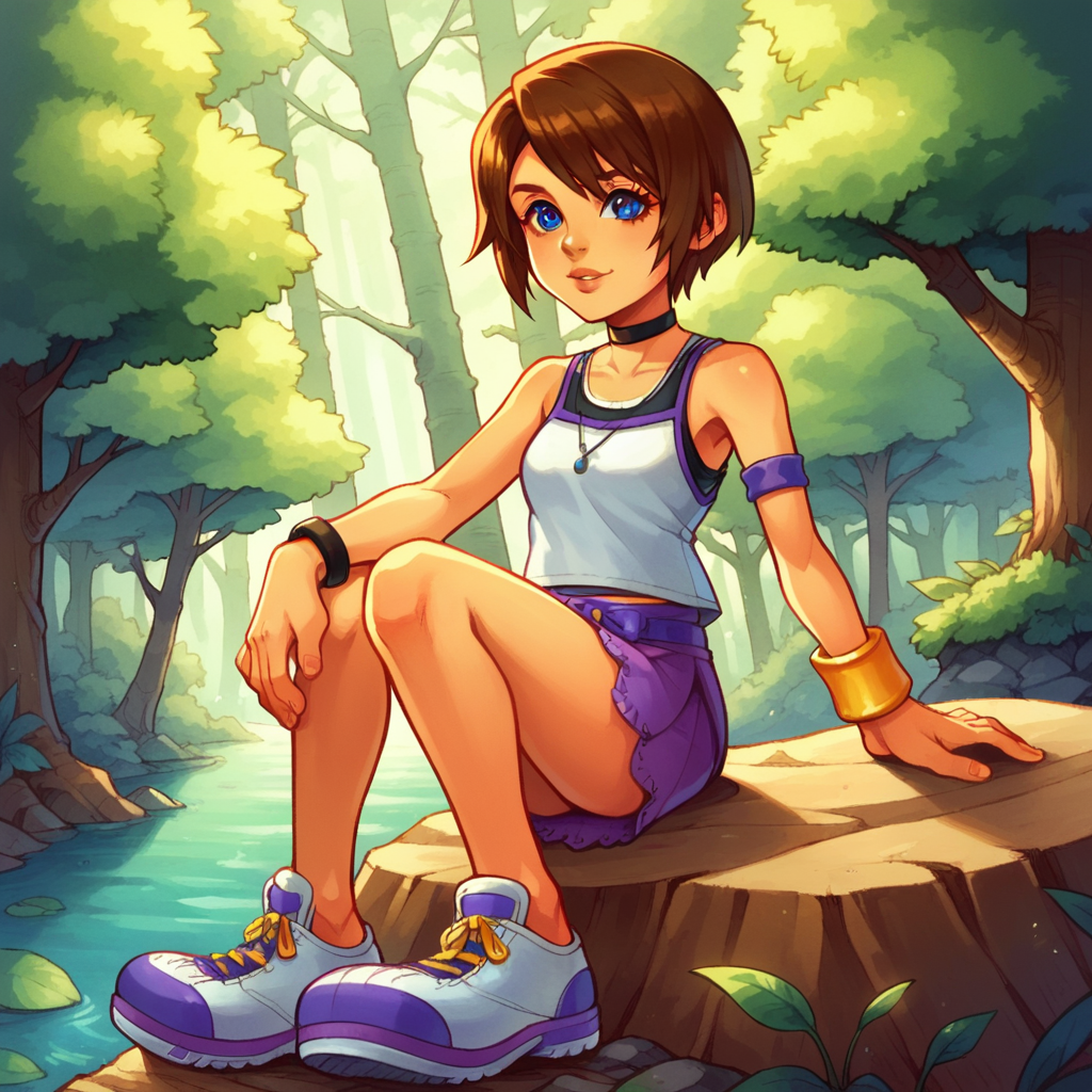 score_9_up, score_8_up, BREAK, kairi, 1girl, solo, brown hair, short hair, blue eyes, black choker, white tank top, purple skirt, bracelets, white footwear, <lora:Kairi_KingdomHearts1_Leaf1-000015:1>, looking at viewer, sitting on rock, forest,