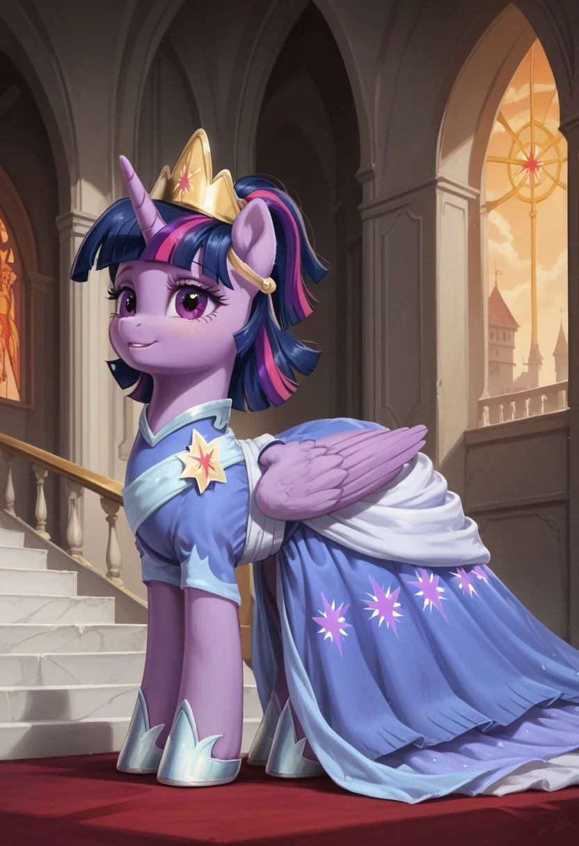my little pony, ((feral pony)),Twilight_sparkle
<lora:second_coronation_dress_Twilight_sparkle:1> pony, a long elegant lilac dress with white and blue elements, blue shoes, a gold crown with a star in the middle
score_9, score_8_up, score_7_up, score_6_up, score_5_up, score_4_up, rating_safe, an abandoned castle-like building, the room is in semi-darkness and pierced by rays of light shining through the high arched window openings, a wide staircase leading upwards to the altar, the staircase is decorated with an elegant baluster railing. Everything is covered with layers of dust and covered with vegetation,, mlp (( pony, little, )), (high quality, detailed, beautiful), shiny, adorable face, detailed beautiful eyes, realistic, outstanding, contrast, detailed soft lighting, fluff in ears, ((pony,)), (high quality, detailed, beautiful), shiny, adorable face, detailed beautiful eyes, realistic, outstanding, contrast, detailed soft lighting, fluff in ears, cinematic vintage photography,