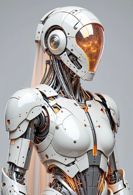 ajchrobo, An ultra-detailed brutalist anime-style sci-fi portrait featuring a mechanical knight clad in radiant white armor with angular, monolithic geometry. The exoskeleton is built from dense, interlocking plates that resemble the clean slabs of megastructures—every panel etched with glowing orange fractal circuits that pulse like living veins. Surfaces reflect cold light with razor-sharp specular highlights, while soft subsurface scattering glows within the deep seams and impact-hardened joints. The sleek helmet features a razor-edged silhouette and a wide, translucent visor that flickers with internal UI graphics, heatmaps, and enemy targeting glyphs—its orange glow slicing through the pale light like a blade. There are no curves, only purpose: brutal symmetry, tectonic layers, and exposed servos that grind with purpose. The flowing cape flutters like a torn banner in zero-G, woven from light-reactive nano-fiber, shimmering in white, silver, and sudden flares of orange like a controlled explosion. The massive sword is forged from translucent alloy, its crystalline structure humming with static—each swing would fracture a city wall. Orange filigree traces the hilt like circuitry, forming a continuous manga-style chronicle of war, etched in lines so sharp they could cut. The entire composition radiates anime energy with brutalist weight—elegant violence rendered with architectural clarity.