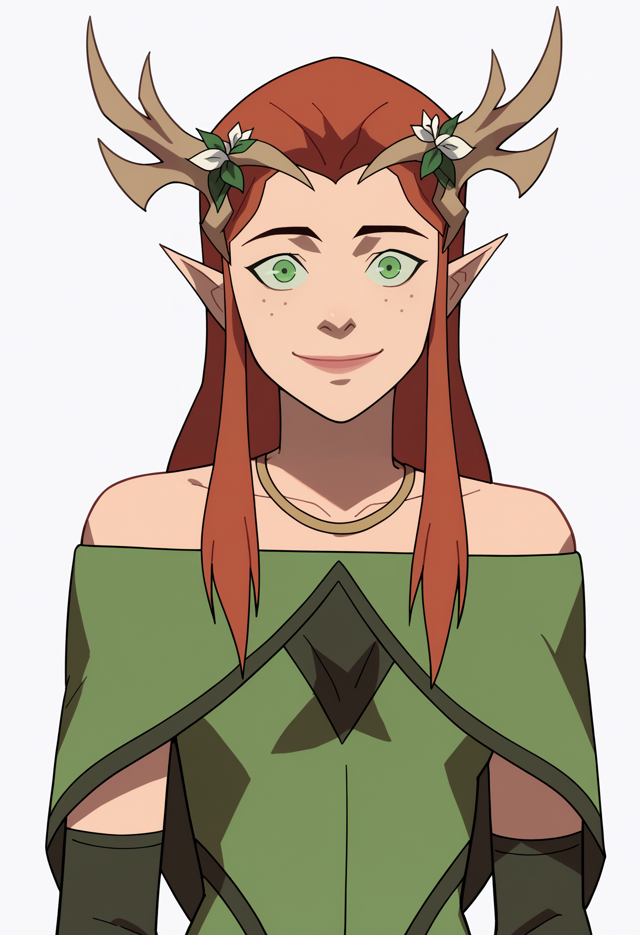 score_9, score_8_up, score_7_up, BREAK,
1girl, keyleth, ginger hair, green eyes, long hair, pointy ears,
antlers crown, 
bare shoulders, black elbow gloves, green dress,  necklace, formal,
upper body, smile, solo, looking at viewer, simple background, white background   <lora:KeylethPDXL_byKonan:1>
