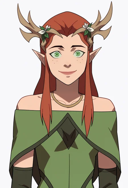 score_9, score_8_up, score_7_up, BREAK,
1girl, keyleth, ginger hair, green eyes, long hair, pointy ears,
antlers crown,
bare shoulders, black elbow gloves, green dress, necklace, formal,
upper body, smile, solo, looking at viewer, simple background, white background <lora:KeylethPDXL_byKonan:1>