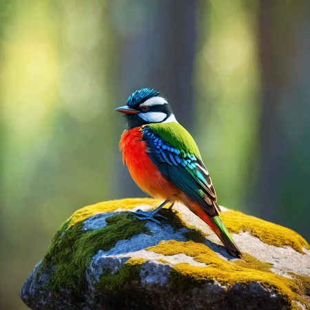 A colorful bird sitting on a rock in a sunny forest,<lora:HMSGé¸ç±»æå½±XL-000001:1>,