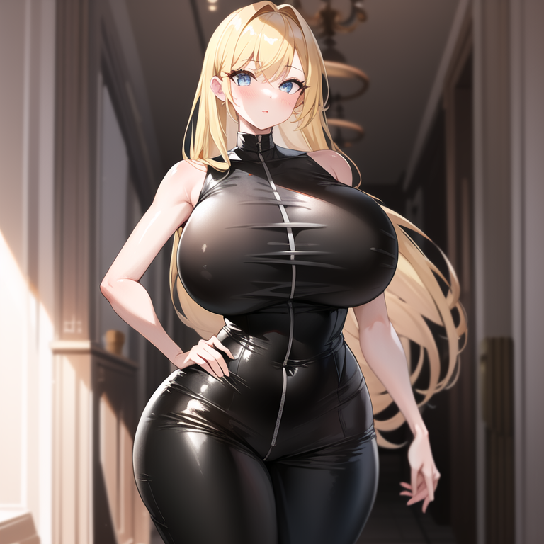 masterpiece, best quality, chocovenus, 1girl, solo, mature woman, milf, blonde hair, long hair, dark jumpsuit, latex, standing, indoor, mansion, face focus, <lora:chocovenus-05:0.7>