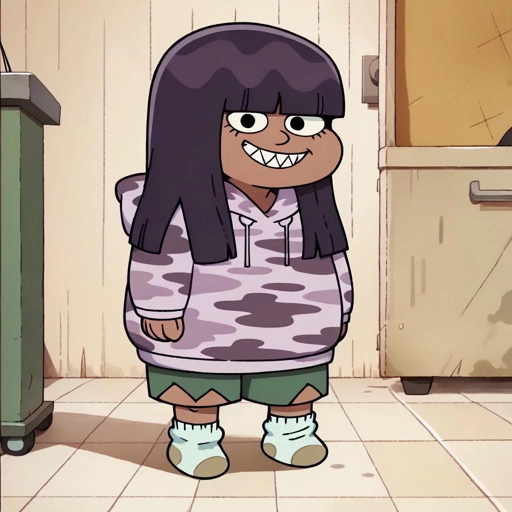 stink lines, rictus, horrified grin, tounge out, tounge, sinister smile, shark teeth, score_9, score_8_up, score_7_up BREAK LotLot, 1girl, shoulder-length dark purple hair, blunt bangs, black eyes, hyptotic eyes, brown skin, light purple camo hoodie, green shorts, light green brown socks, full body, ripped socks, white socks, smiling at viewer