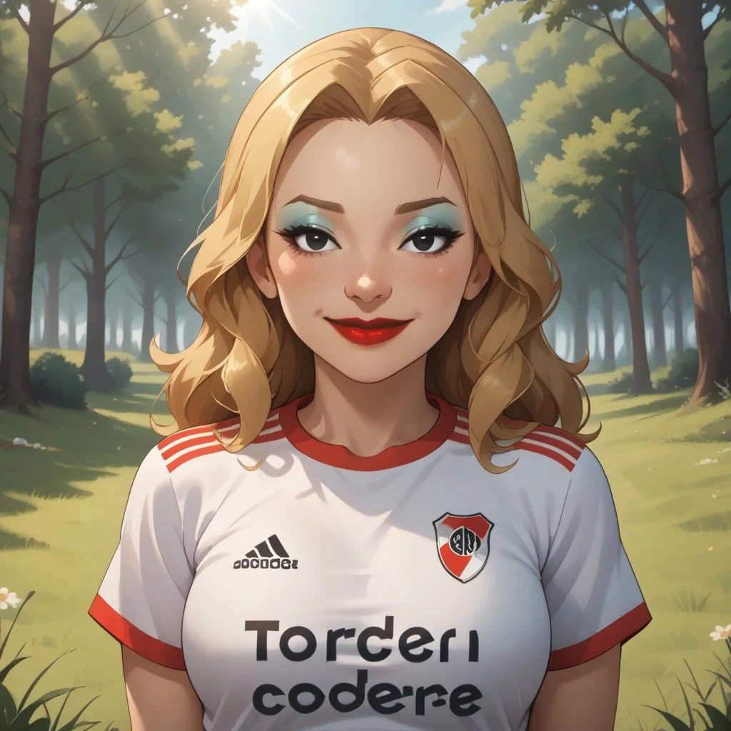 score_9, score_8, BREAK, solo, wii, mii, wii sports, 1girl, female mii, cute, blonde hair, brown eyebrows, makeup, blush, blue eyeshadow, red lips, lipstick, RiverPlate, striped shirt, striped, shirt, white shirt, short sleeves, clothes writing, sportswear, soccer uniform, breasts, nintendo mii, modern_mii, classic_mii, Tomoyo_(OC_Mii), black eyes, adult female, mature female, sexy pose, self portrait, smile, looking at viewer, outdoors, sunlight, shadows, evening lighting, natural lighting, forest, trees, grass, orange sky, sunset