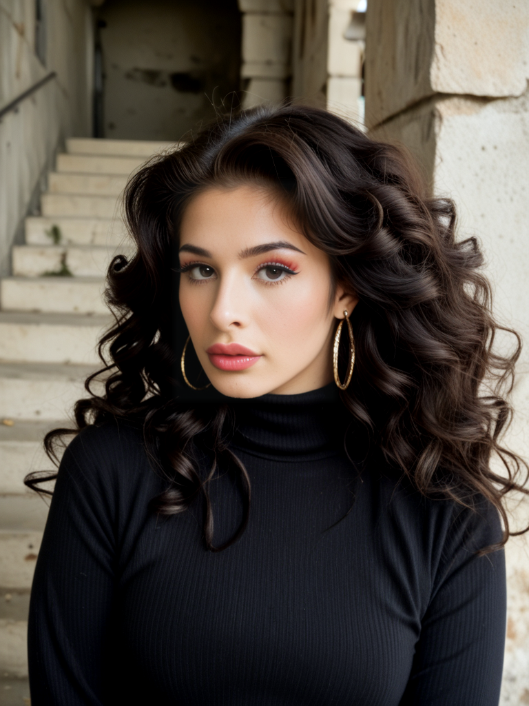 score_9, score_8_up, score_7_up, Al3x4Scout, Alexa Scout, <lora:Al3x4Scout-pony:1>, 1girl, solo, face focused, vintage photography,  makeup, lipstick, big lips, bobbed hair, dark hair, layered hair, photoshoot, aesthetic, sweater, shirt, solo, big hair, looking at viewer, studio lighting, focus, analog film, (ring light), film grain, best quality, photograph, focus, earring, couture, fashion, backdrop, ruins, 90s photograph