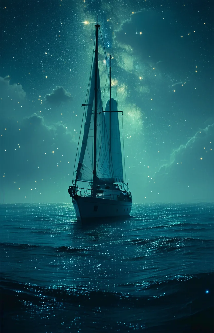sail far away to a place no on can find on a wast ocean accompanied by stars on water, eerie, moody, atmospheric