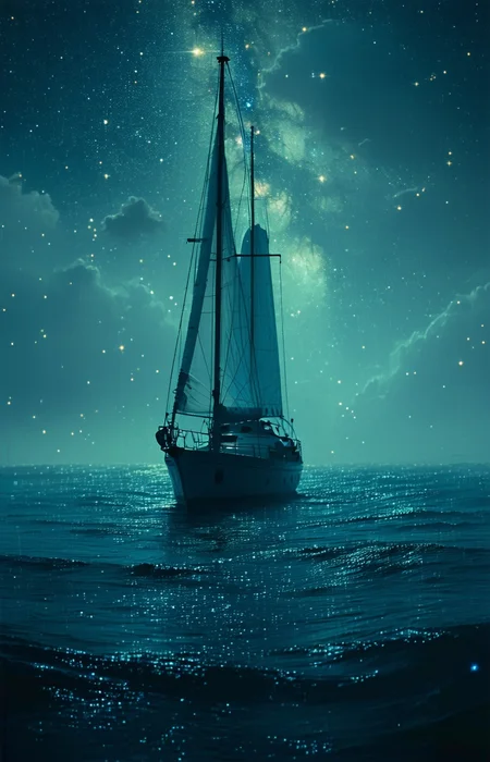 sail far away to a place no on can find on a wast ocean accompanied by stars on water, eerie, moody, atmospheric