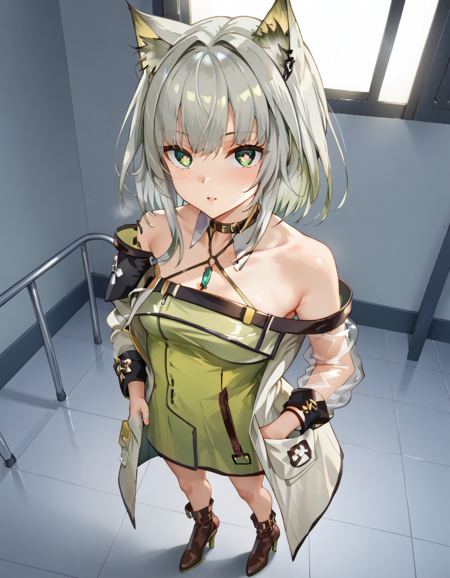Volumetric Lighting, (masterpiece), (best quality), (ultra-detailed), masterpiece, source_anime, score_9, score_8_up, score_7_up BREAK, illustration, disheveled hair, detailed eyes, perfect composition, moist skin, intricate details BREAK, light depth, dramatic atmospheric lighting, Volumetric Lighting, cinematic still (masterpiece), (best quality), (ultra-detailed), masterpiece, source_anime, score_9, score_8_up, score_7_up BREAK, illustration, disheveled hair, detailed eyes, perfect composition, moist skin, intricate details BREAK . emotional, harmonious, vignette, 4k epic detailed, shot on kodak, 35mm photo, sharp focus, high budget, cinemascope, moody, epic, gorgeous, film grain, grainy, Kal'tsit, cat eats, grey hair,green hair, green eyes BREAK, RhodKal, Kal coat, see-through sleeve, Kal collar, Kal dress, short dress, Kal high heels boots BREAK, standing, from side,hand in coat pocket,indoors,hospital office,looking at viewer,(((full body))), from above,table