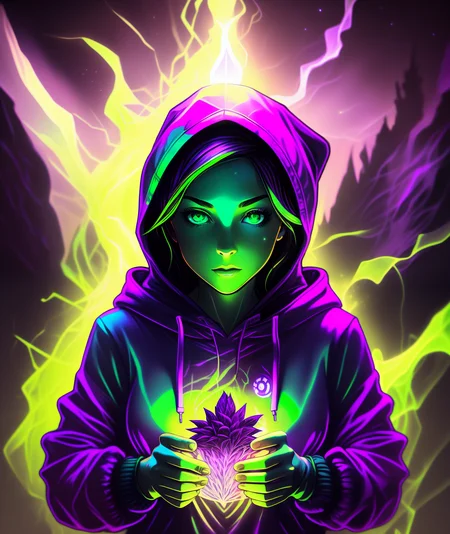 a woman in a hoodie holding a green and purple light