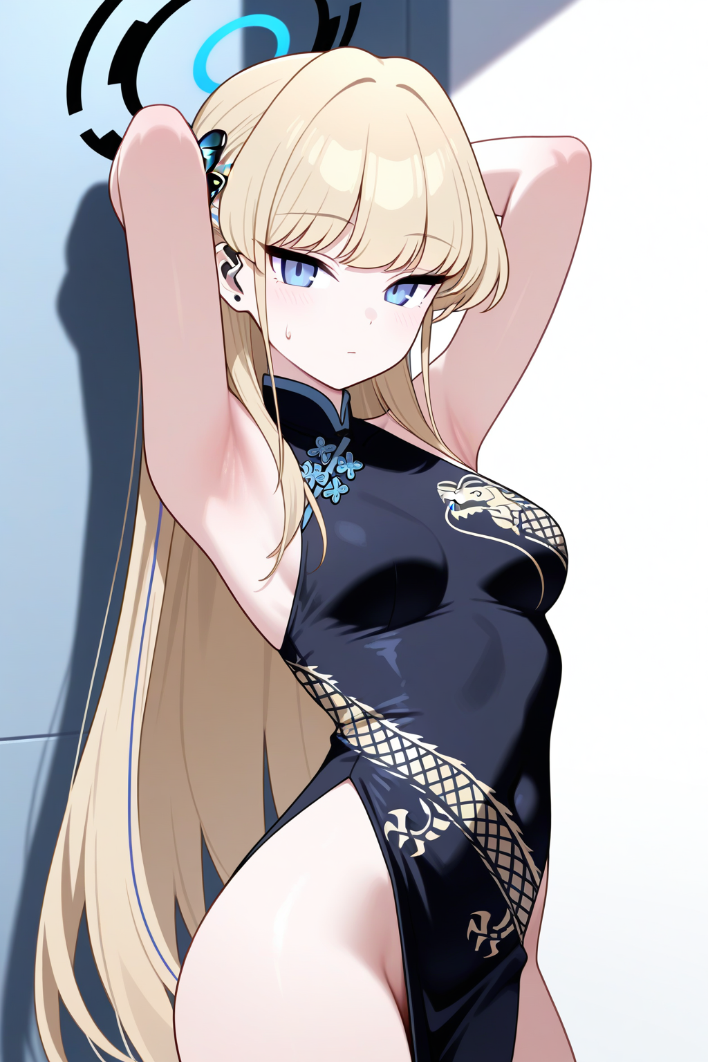 kisaki \(blue archive\), toki \(blue archive\), 1girl, armpits, arms up, bare shoulders, black dress, black halo, blonde hair, blue eyes, breasts, china dress, chinese clothes, cosplay, covered navel, dress, halo, kisaki \(blue archive\) \(cosplay\), long hair, looking at viewer, medium breasts, no panties, presenting armpit, sleeveless, sleeveless dress, small sweatdrop, solo, very long hair, (masterpiece, best quality, very aesthetic, absurdres, ultra detailed:1.5)