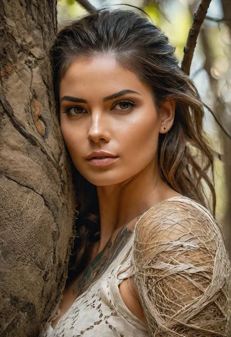 Close-up, Portraiture, Best quality, (Masterpiece), RTX, 8k, HDR, background - rough burlap, relief, oil painting, thin and smooth lines, long strokes, light and gentle tones, sharp contours. nest on a tree branch with a beautiful young tattooed girl inside, cinematic quality +36.5 mm f0, + style Anna Razumovskaya, Jarek Kubicki, Aleksi Brilo, Darek Zabrotsky, Sakimichan, Loisch, Aminolla Rezai, masterpiece of art, multi-layered sheets of portraits, techniques used : sfumato, chiaroscuro, atmospheric perspective, acrylic painting, trends in pixiv fanbox, palette and strokes, Makoto Shinkai style