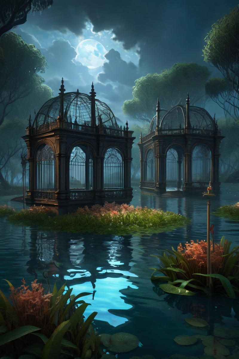flooded mangrove forest containing water channels ,enchanted menageries containing mirror-world doppelgängers, their cages maintained by rune-smith jailers, river,  night,weather misty in the rain cinematic view, epic sky, detailed, concept art, low angle, high detail, warm lighting, volumetric, godrays, vivid, beautiful, trending on artstation, by Kekai Kotaki, huge scene, grass,flower, art greg rutkowski,
 <lora:detailed_notrigger:0.7>, <lora:add-detail-xl:0.3>, oil painting art style from Renaissance period, masterful composition, Renaissance mood, renaissance oil painting, brush strokes, Baroque art style, dynamic composition, dramatic lighting, rich colors, intricate details, professional-grade execution, captures the grandeur and theatricality of the Baroque period