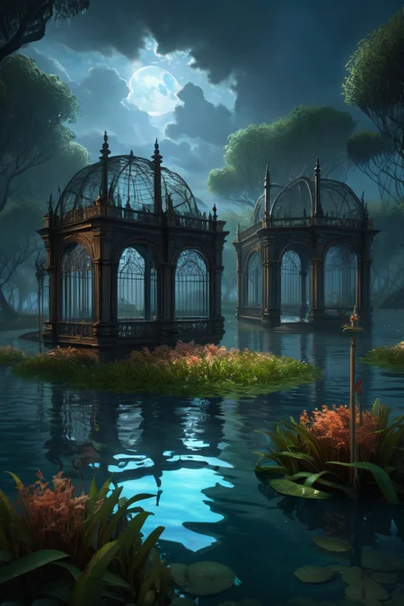 flooded mangrove forest containing water channels ,enchanted menageries containing mirror-world doppelgängers, their cages maintained by rune-smith jailers, river, night,weather misty in the rain cinematic view, epic sky, detailed, concept art, low angle, high detail, warm lighting, volumetric, godrays, vivid, beautiful, trending on artstation, by Kekai Kotaki, huge scene, grass,flower, art greg rutkowski,
<lora:detailed_notrigger:0.7>, <lora:add-detail-xl:0.3>, oil painting art style from Renaissance period, masterful composition, Renaissance mood, renaissance oil painting, brush strokes, Baroque art style, dynamic composition, dramatic lighting, rich colors, intricate details, professional-grade execution, captures the grandeur and theatricality of the Baroque period