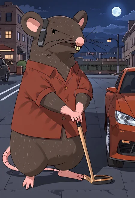 1boy, rat, furry, feral, brown fur, rat tail, pink hands, pink feet, buckteeth, red shirt, standing on a car roof, night street background, holging a golf club.
Expressiveh