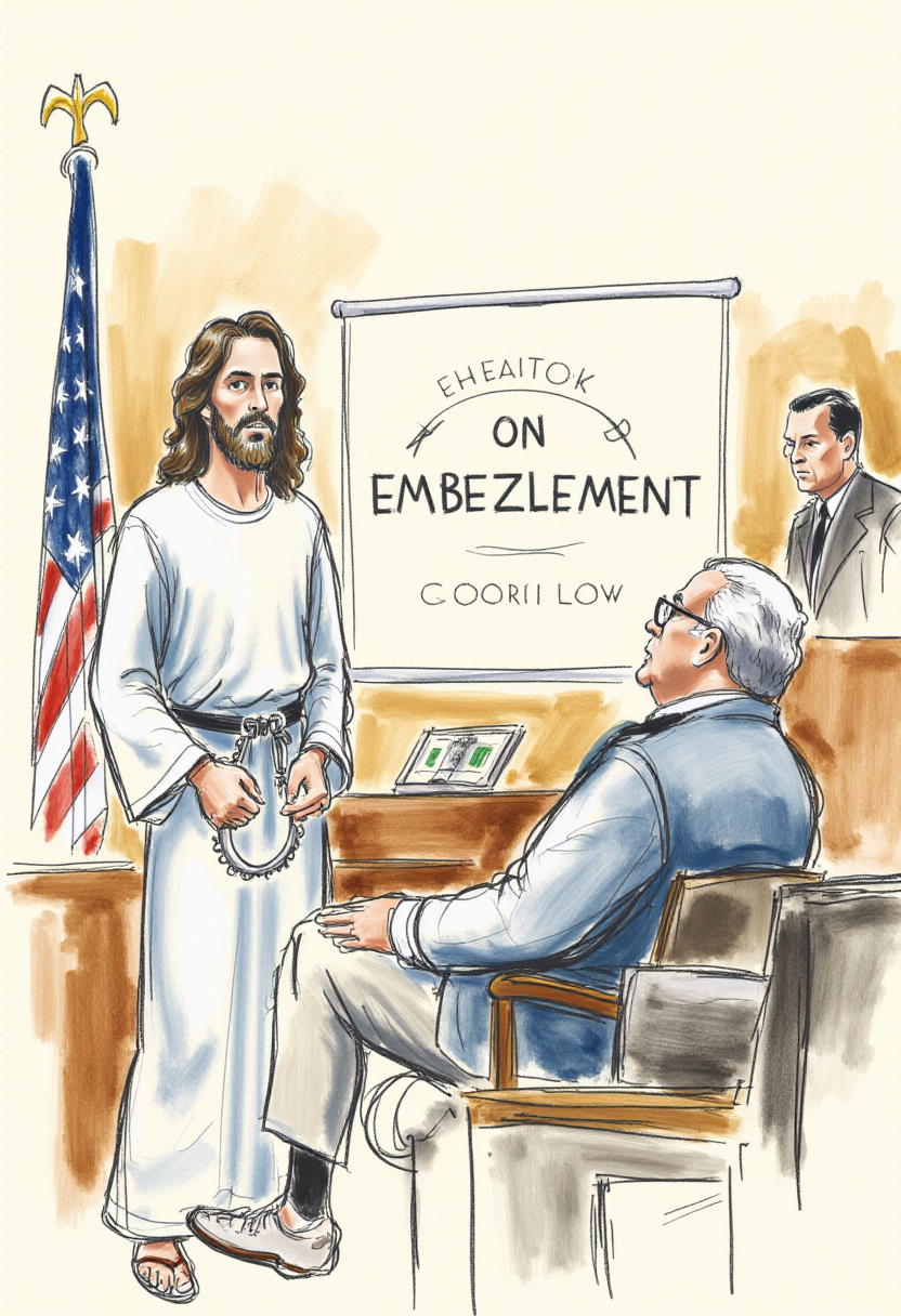 <lora:Courtroom_Sketch_Style_FLUX-000013:0.8>
This is a detailed, hand-drawn courtroom scene in a sketchy, watercolor style depicting a lawyer giving a presentation on "embezzlement". Jesus Christ is wearing handcuffs, sitting next to a large guard.