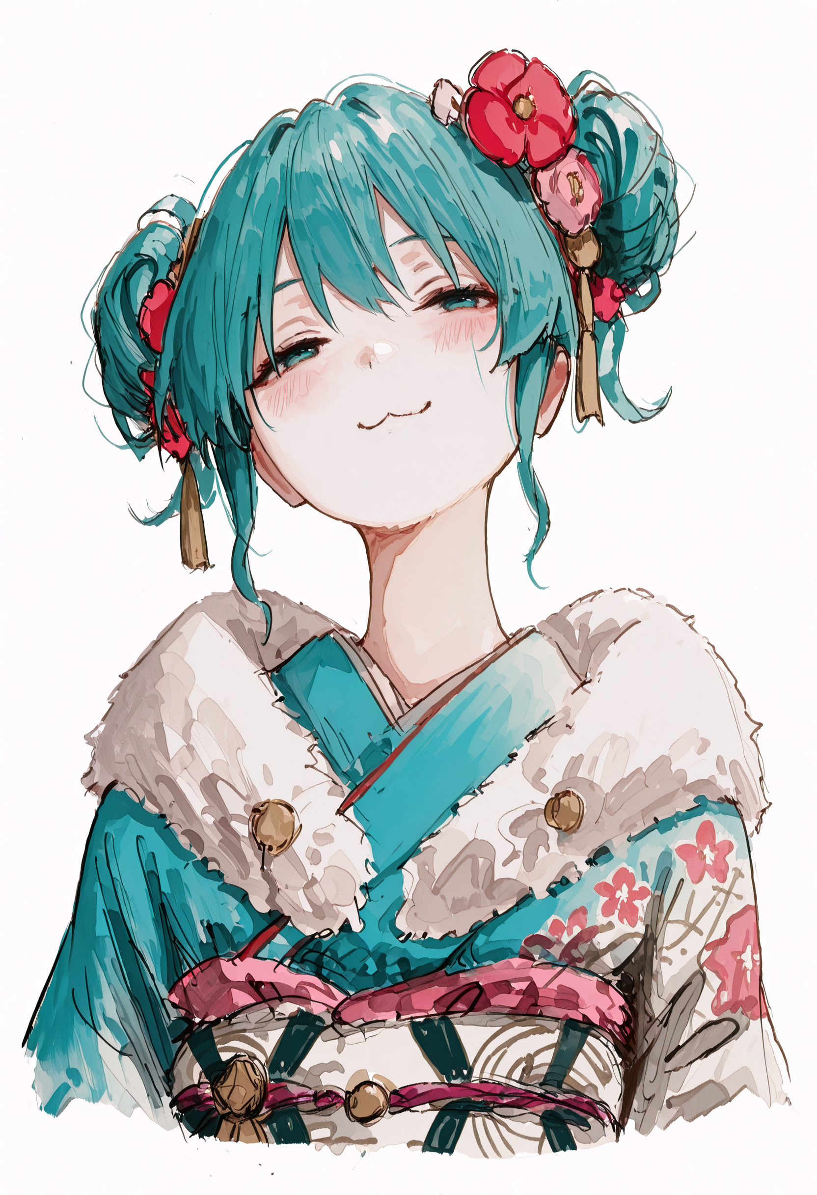 masterpiece, best quality, good quality, very awa, newest, highres, absurdres, hatsune miku, 1girl, solo, looking at viewer, blush, smile, simple background, hair ornament, white background, closed mouth, upper body, flower, sidelocks, japanese clothes, hair flower, kimono, hair bun, aqua eyes, fur trim, sash, double bun, aqua hair, :3, half-closed eyes, floral print, obi, traditional media, red flower, tassel, pink flower, cropped torso, blue kimono, kanzashi, fur-trimmed kimono, Ethereal Brushstroke,
pikus0n_style,sketch,bbmasa <lora:illustriousXL_stabilizer_v1.23:0.3> <lora:NOOB_vp1_detailer_by_volnovik_v1:0.3> <lora:ponyv6_noobE11_2_adamW-000017:0.45> <lora:Illustrious:0.15> <lora:Bbmasa_IL:0.8> <lora:pikus0n_illu:1>