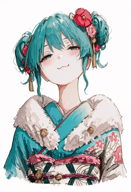 masterpiece, best quality, good quality, very awa, newest, highres, absurdres, hatsune miku, 1girl, solo, looking at viewer, blush, smile, simple background, hair ornament, white background, closed mouth, upper body, flower, sidelocks, japanese clothes, hair flower, kimono, hair bun, aqua eyes, fur trim, sash, double bun, aqua hair, :3, half-closed eyes, floral print, obi, traditional media, red flower, tassel, pink flower, cropped torso, blue kimono, kanzashi, fur-trimmed kimono, Ethereal Brushstroke,
pikus0n_style,sketch,bbmasa <lora:illustriousXL_stabilizer_v1.23:0.3> <lora:NOOB_vp1_detailer_by_volnovik_v1:0.3> <lora:ponyv6_noobE11_2_adamW-000017:0.45> <lora:Illustrious:0.15> <lora:Bbmasa_IL:0.8> <lora:pikus0n_illu:1>