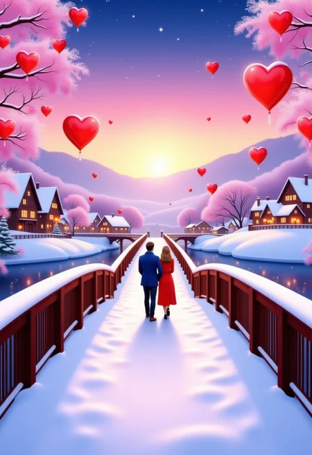 F1CNQRJCouple,A digital painting depicts a romantic scene on a snow-covered bridge at sunset. A couple in winter attire, with the man in a blue coat and the woman in a red dress, stands hand-in-hand. Red heart-shaped lanterns float above, and a snowy village with twinkling lights is visible in the background.
, HD