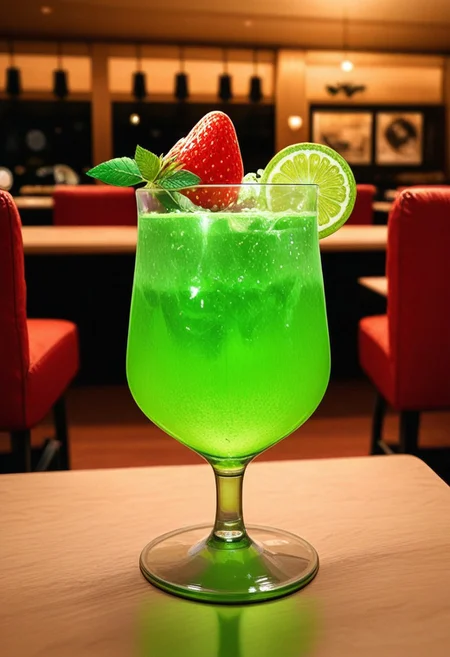 Two colorful cocktails, one green with lime and mint, one red with a strawberry garnish, on a table in a dimly lit restaurant setting. blurry background.