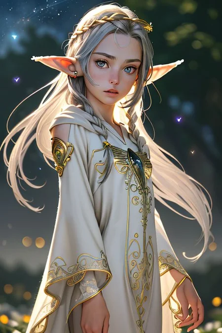 Portrait of a beautiful queen, 18yo, casting a spell, (small natural pointed ears:1.4), very long braided golden hair with silver highlights, gold circlet, (lips speaking a spell), large light grey eyes, surprised, medium breasts, (finely embroidered gossamer tunic and robe with stars design), random pose, outdoors, star filled sky, golden hour, professional hyperrealist art by Chuck Close, sharp focus, dramatic, award winning, dtx, (depth of field blurry background, blurry foreground, bokeh, (masterpiece), (extremely intricate:1.3), (hyperrealistic), HD