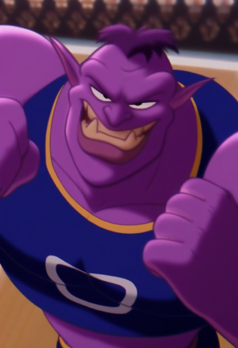 <lora:BupkusSJV2:1>, BupkusSJ, 1boy, solo, colored skin, purple skin, black eyes, perfecteyes, fangs out, muscular male, athletic build, long torso, narrow waist, narrow hips, toned, large pectorals, hyper-detailed, highres, amazing quality, very aesthetic, dynamic lighting, detailed background, crop top, dolphin shorts, dynamic pose, dynamic angle, from above, smirk, close up, face focus, portrait